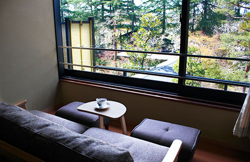 ソファに座ってコーヒーを飲みながら庭を眺める